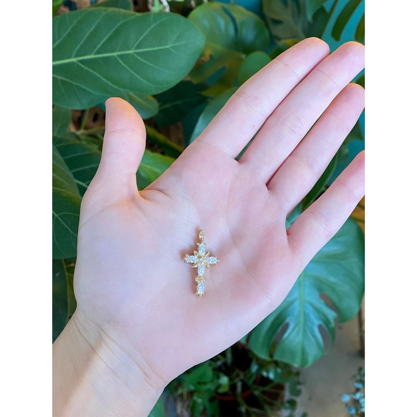 Vintage Solid 14k Yellow Gold Cubic Zirconia Cross Charm