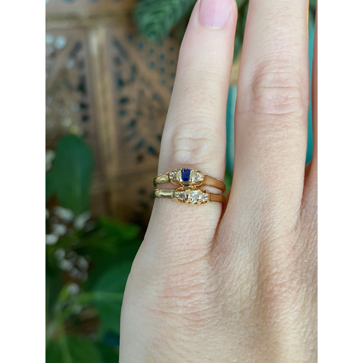 Solid 18k Yellow Gold Diamond Blue Sapphire Double Ring Band - Size 4.75