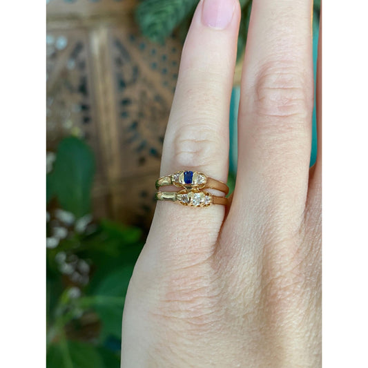 Solid 18k Yellow Gold Diamond Blue Sapphire Double Ring Band - Size 4.75