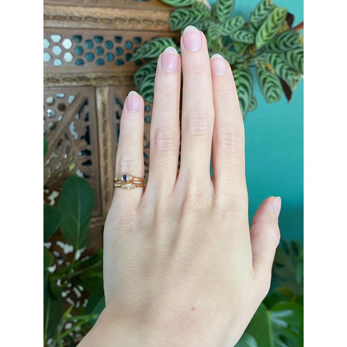 Solid 18k Yellow Gold Diamond Blue Sapphire Double Ring Band - Size 4.75