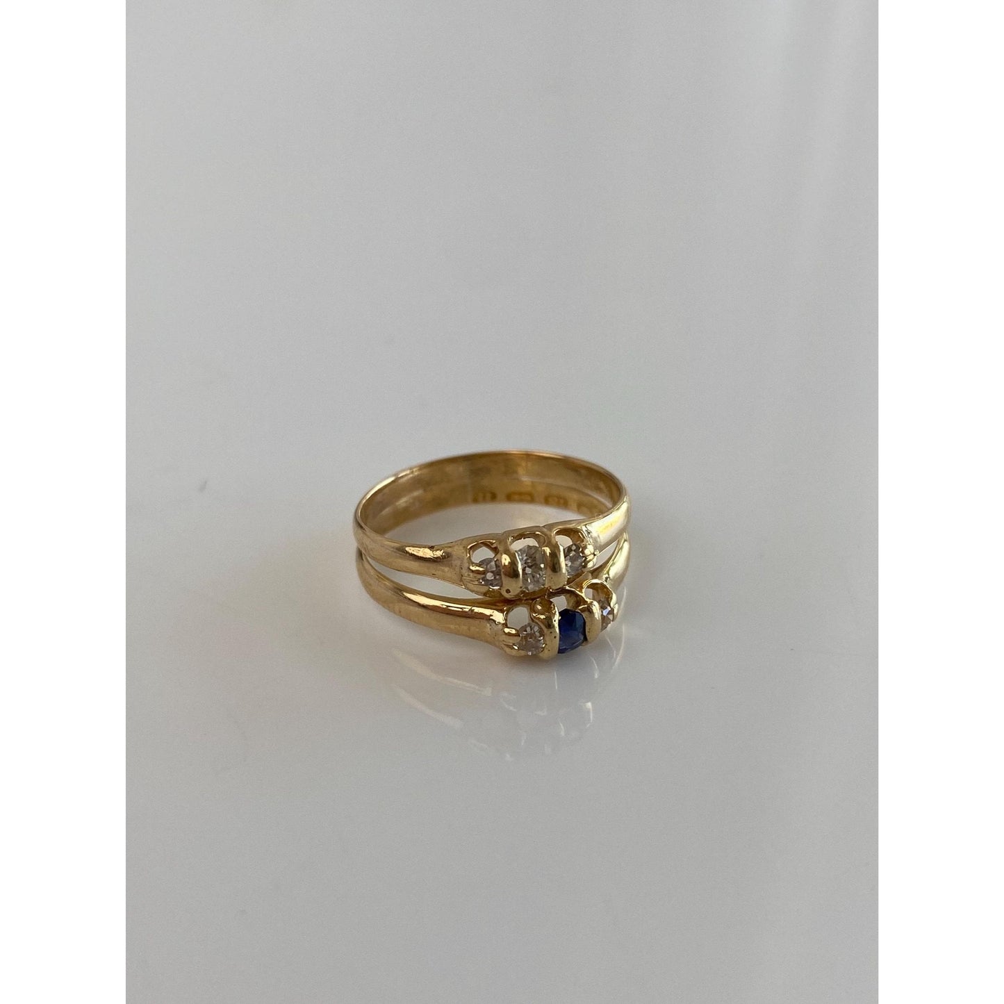 Solid 18k Yellow Gold Diamond Blue Sapphire Double Ring Band - Size 4.75