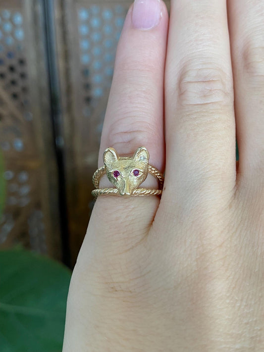 Vintage Solid 14k Yellow Gold Ruby Eyes Fox Ring - Size 3