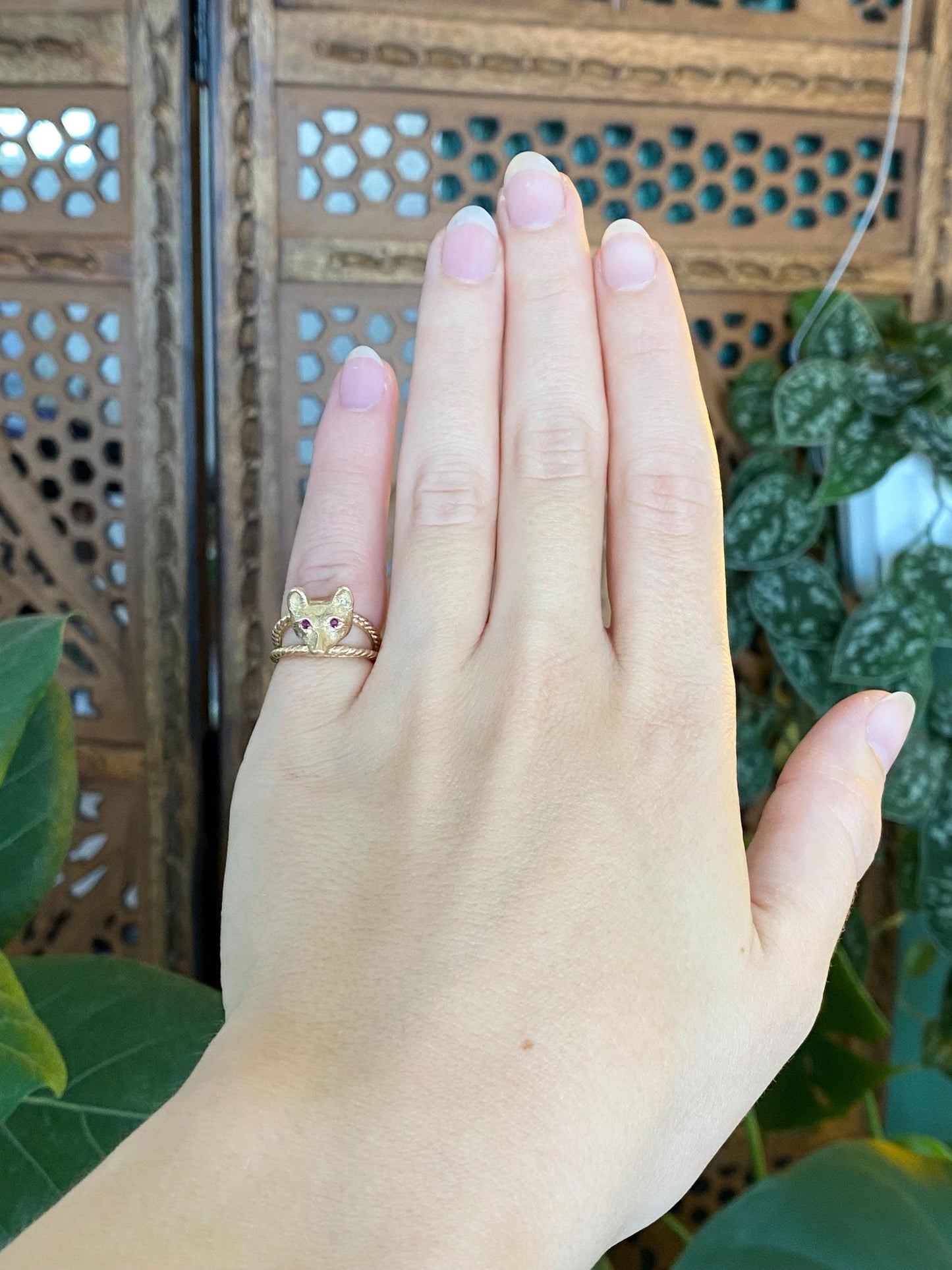 Vintage Solid 14k Yellow Gold Ruby Eyes Fox Ring - Size 3