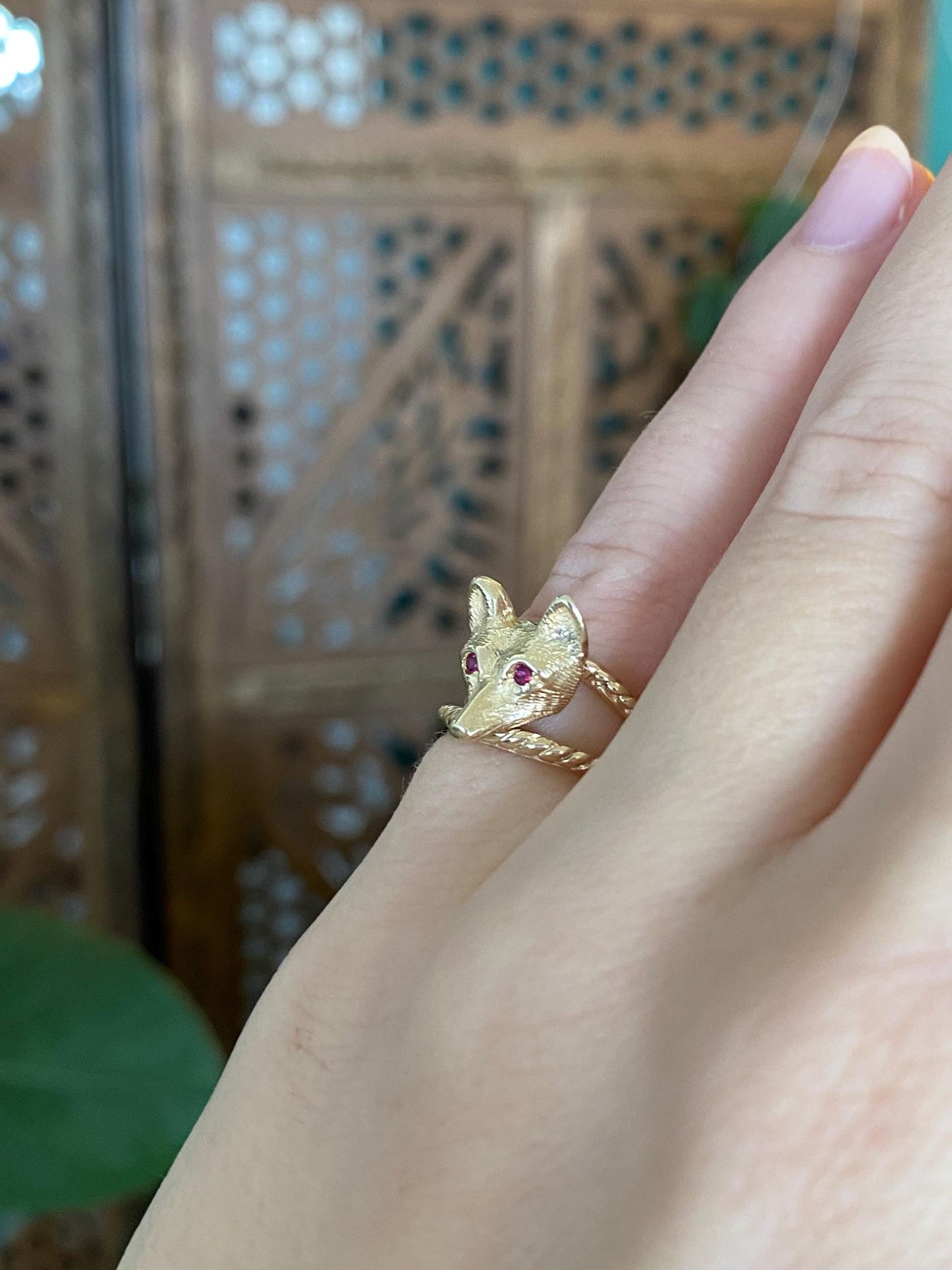 Vintage Solid 14k Yellow Gold Ruby Eyes Fox Ring - Size 3