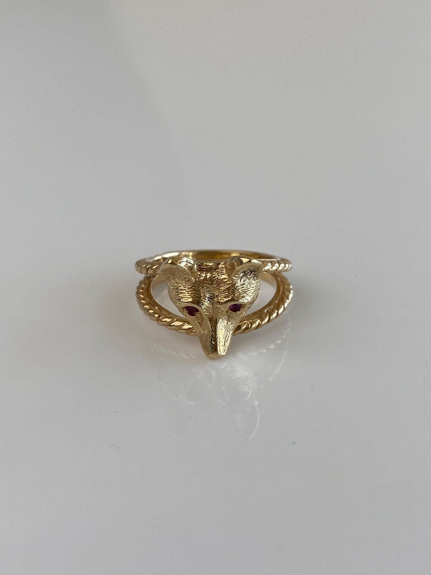 Vintage Solid 14k Yellow Gold Ruby Eyes Fox Ring - Size 3