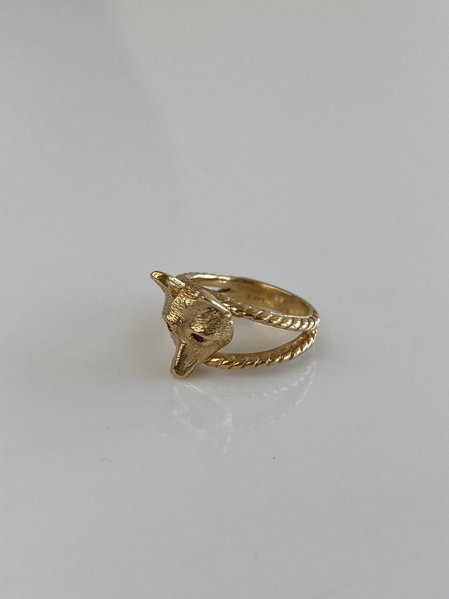 Vintage Solid 14k Yellow Gold Ruby Eyes Fox Ring - Size 3