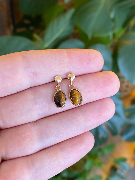Solid 14k Yellow Gold Carved Scarab Tigers Eye Dangle Stud Earrings