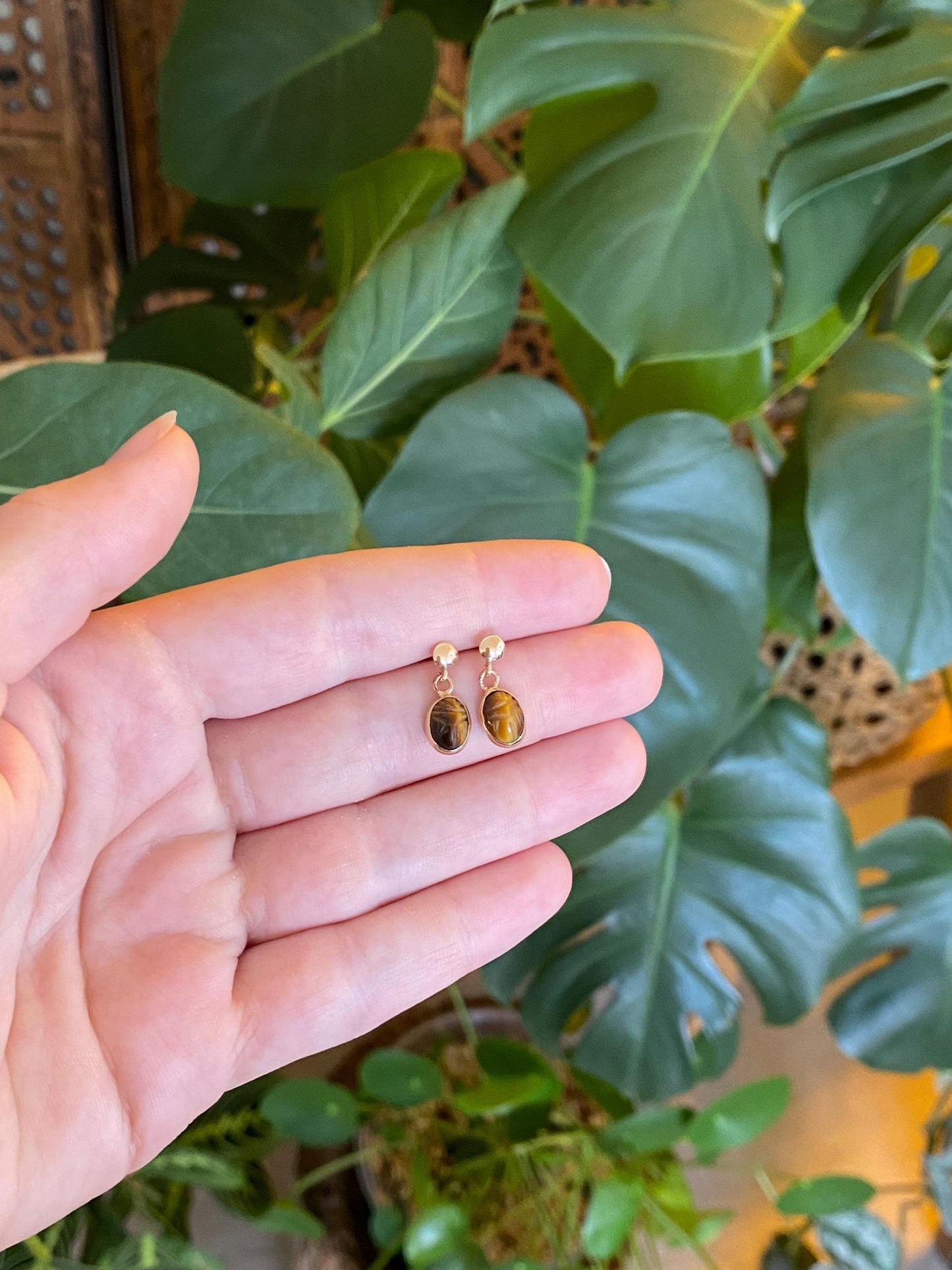 Solid 14k Yellow Gold Carved Scarab Tigers Eye Dangle Stud Earrings