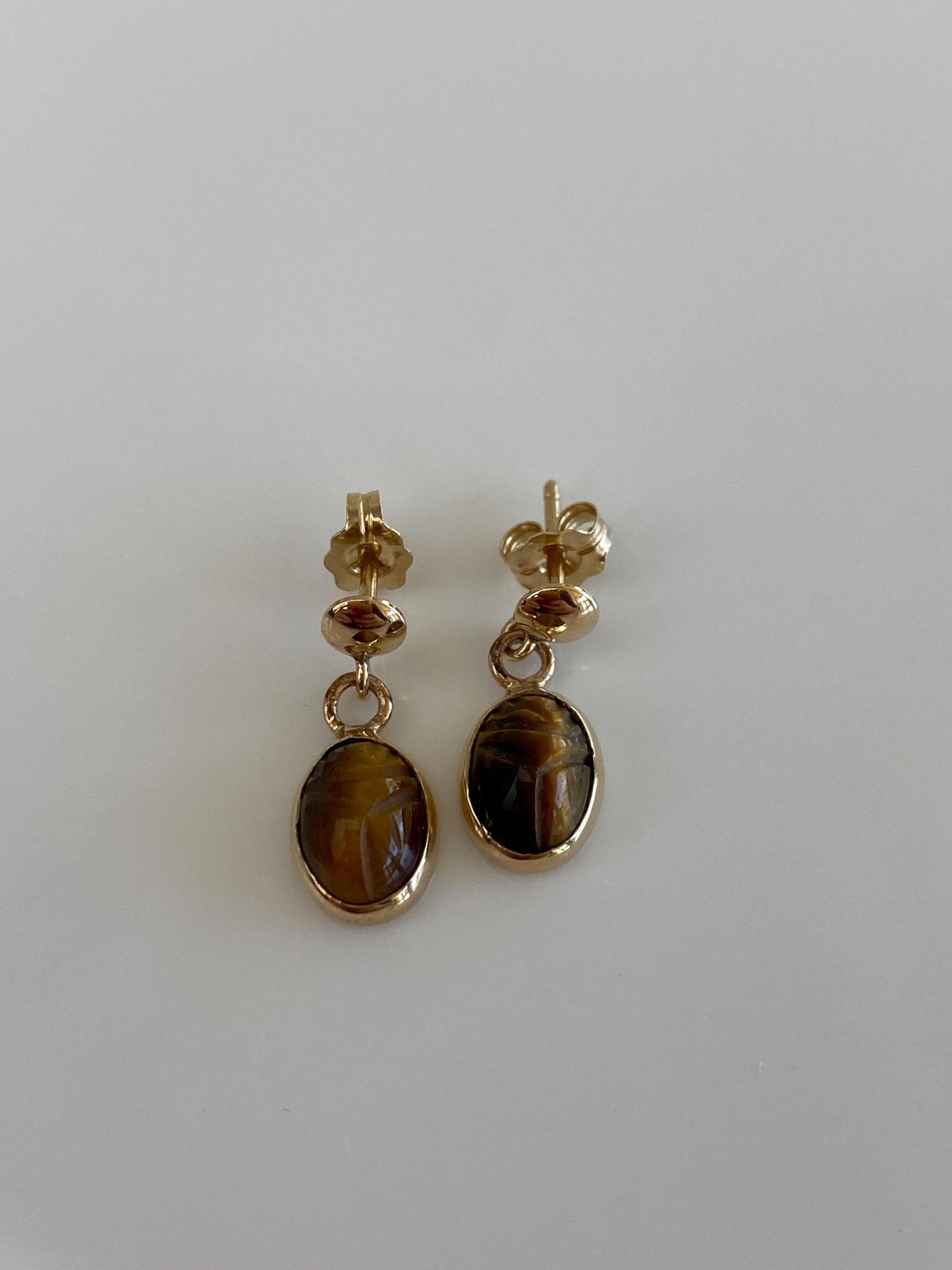 Solid 14k Yellow Gold Carved Scarab Tigers Eye Dangle Stud Earrings