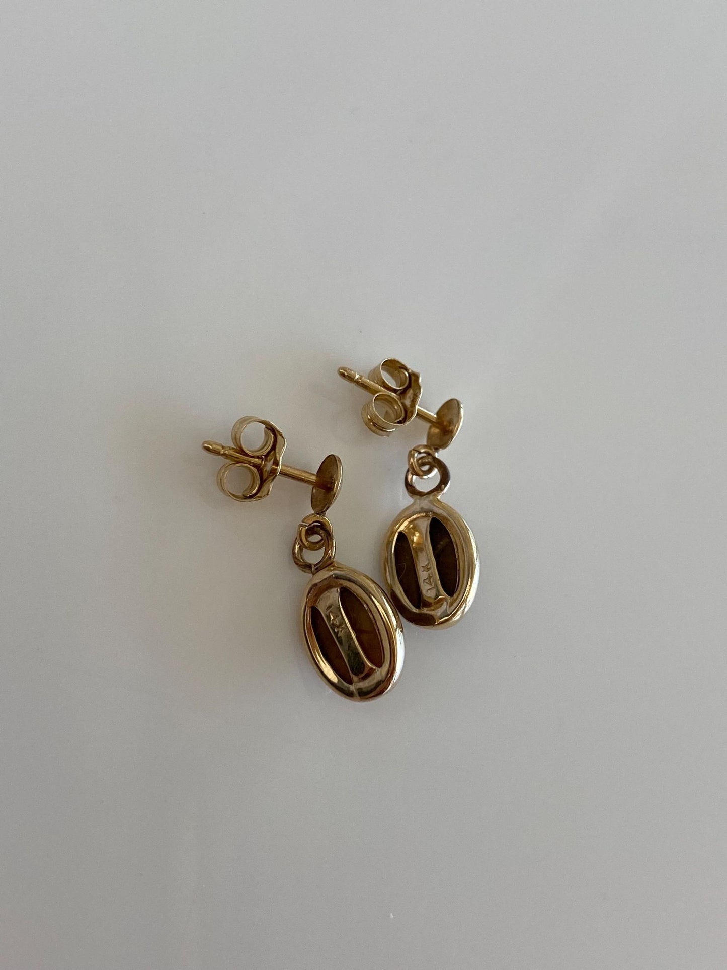 Solid 14k Yellow Gold Carved Scarab Tigers Eye Dangle Stud Earrings