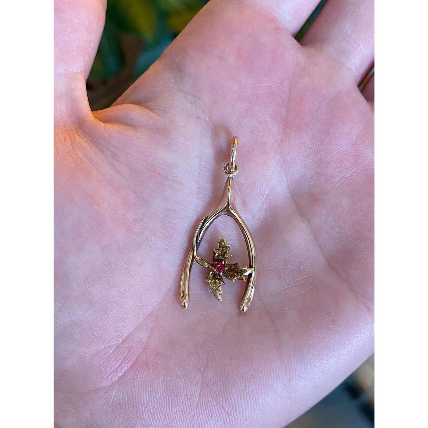 Vintage Solid 10k Yellow Gold Red Cubic Zirconia Maple Leaf Wishbone Charm