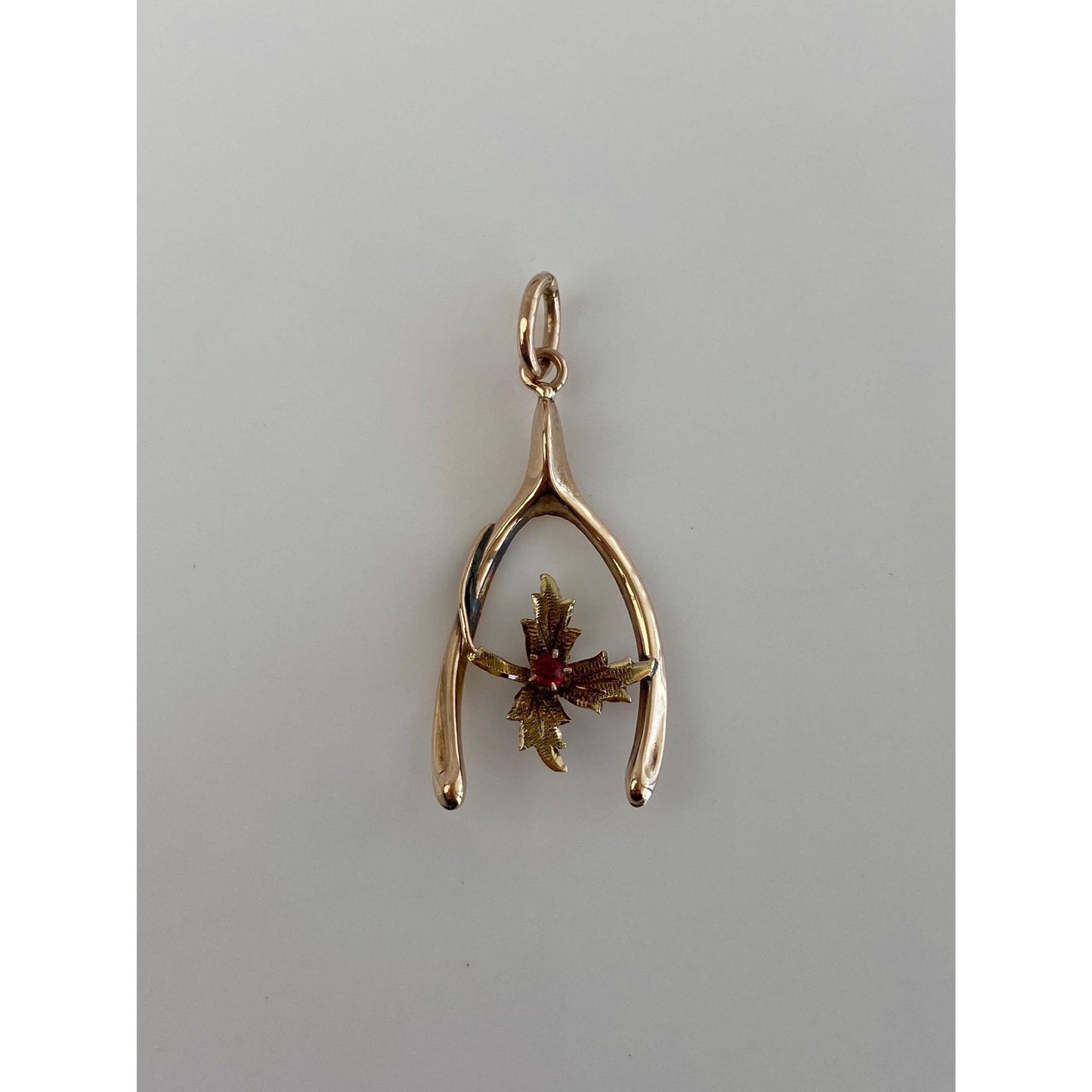 Vintage Solid 10k Yellow Gold Red Cubic Zirconia Maple Leaf Wishbone Charm