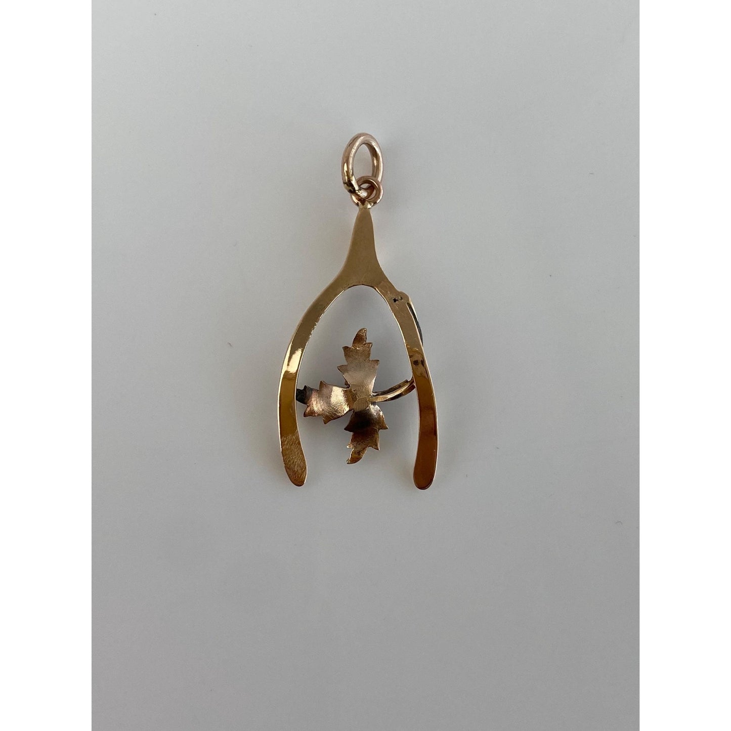 Vintage Solid 10k Yellow Gold Red Cubic Zirconia Maple Leaf Wishbone Charm