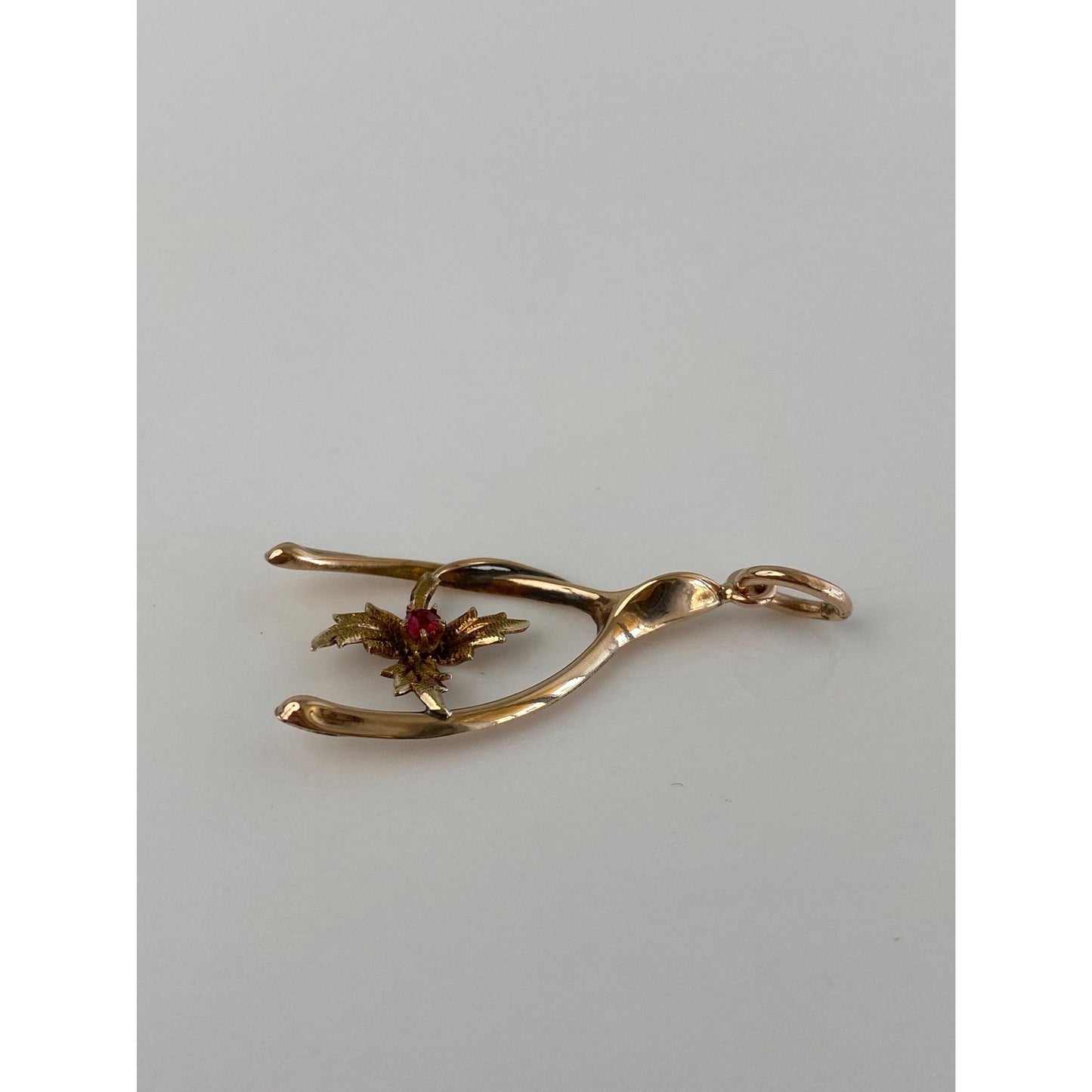 Vintage Solid 10k Yellow Gold Red Cubic Zirconia Maple Leaf Wishbone Charm