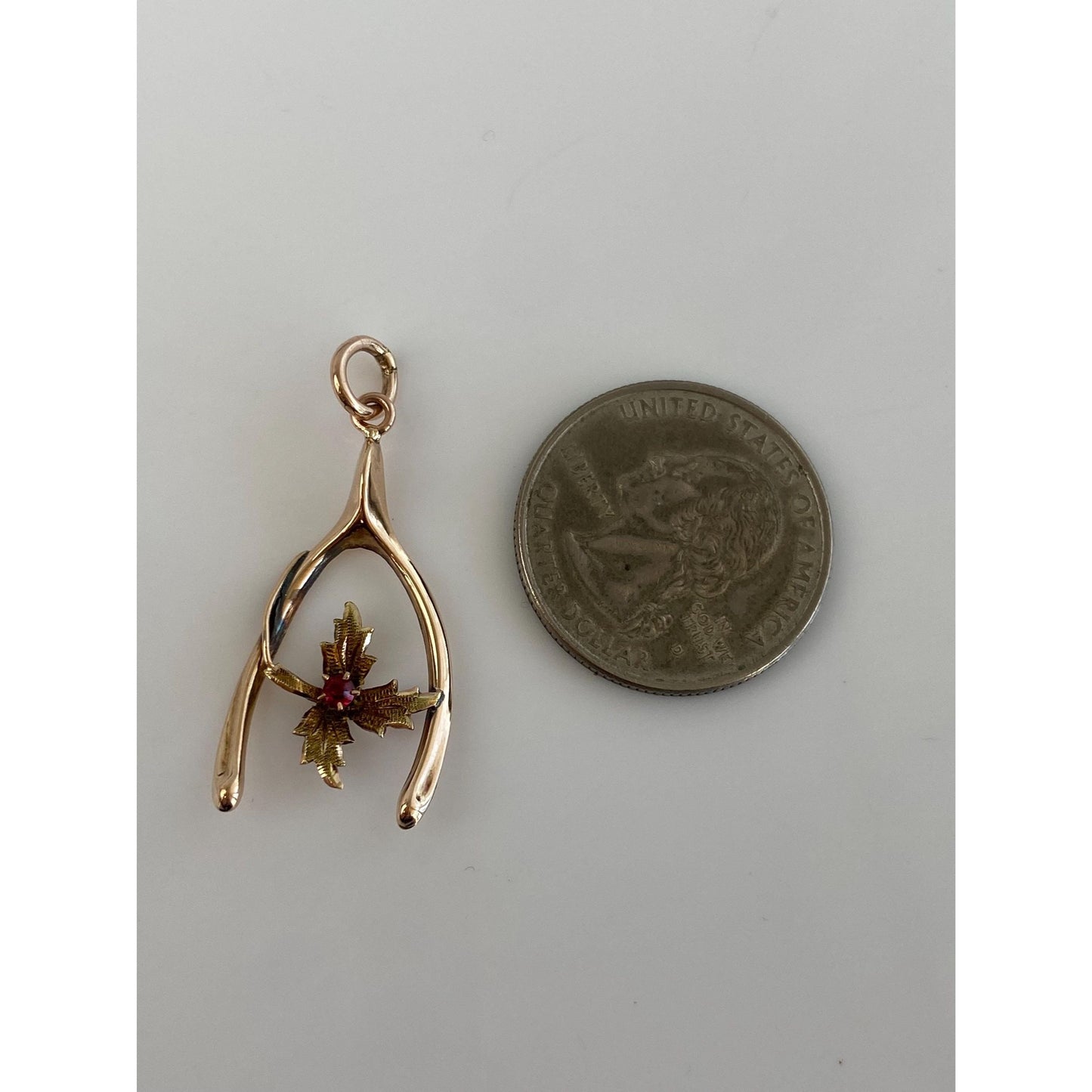 Vintage Solid 10k Yellow Gold Red Cubic Zirconia Maple Leaf Wishbone Charm