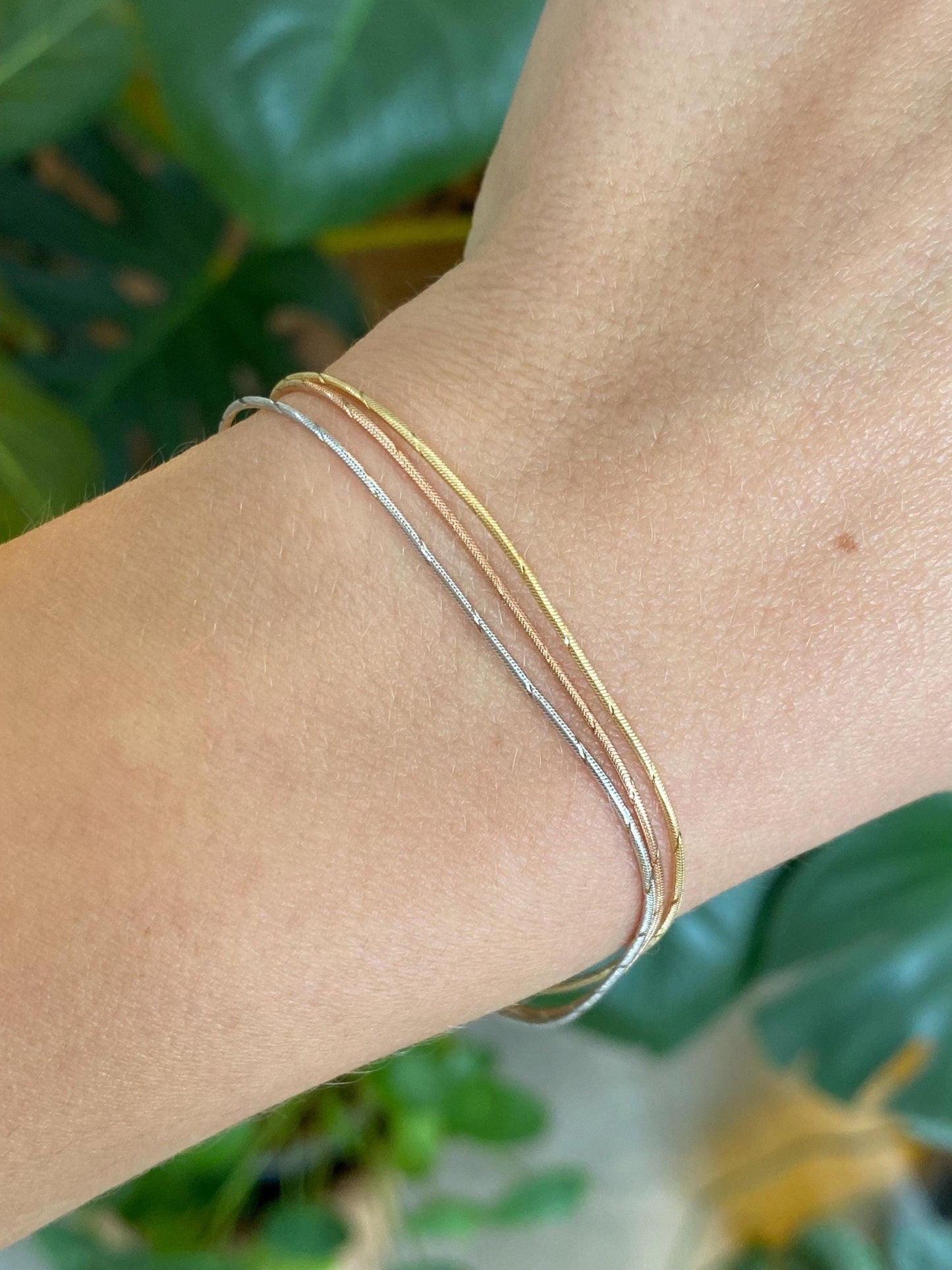 Vintage Solid 14k Tri Tone Gold Diamond Cut Snake Chain Multi Strand Bracelet - 7.5 inches