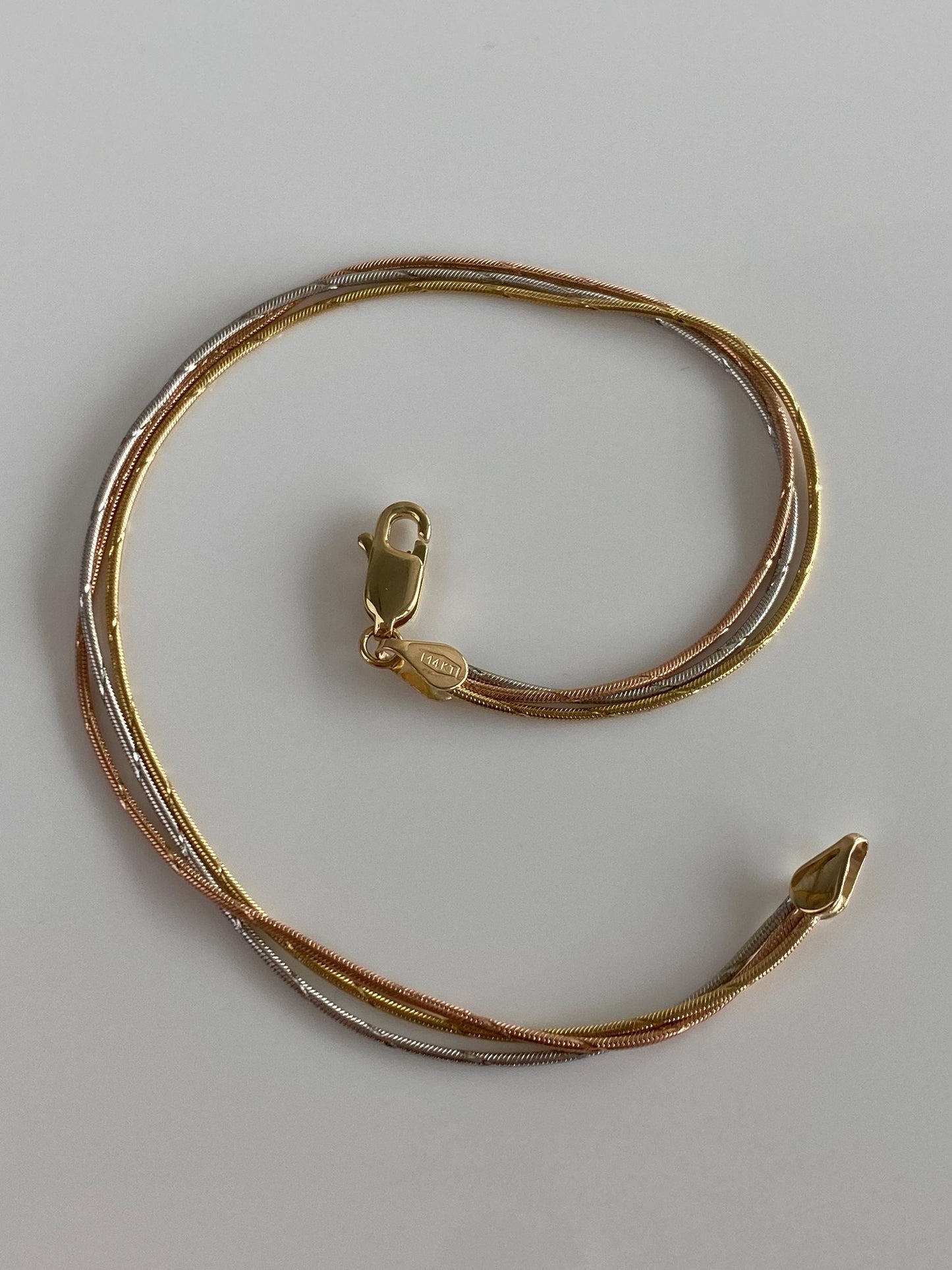 Vintage Solid 14k Tri Tone Gold Diamond Cut Snake Chain Multi Strand Bracelet - 7.5 inches