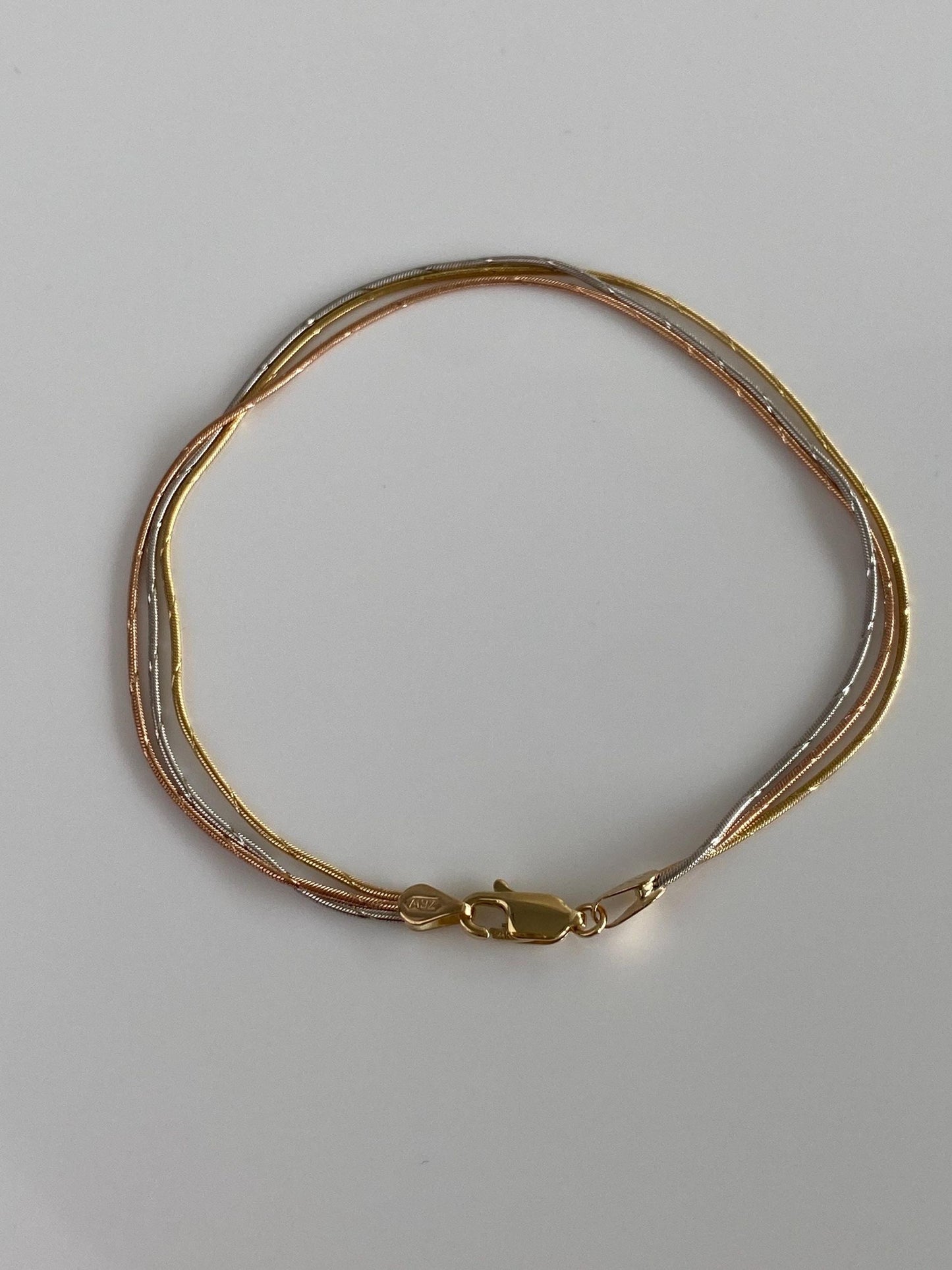 Vintage Solid 14k Tri Tone Gold Diamond Cut Snake Chain Multi Strand Bracelet - 7.5 inches