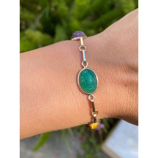 Solid 10k Yellow Gold Amethyst Chrysoprase Tigers Eye Carnelian Scarab Bracelet - 7.25 inches