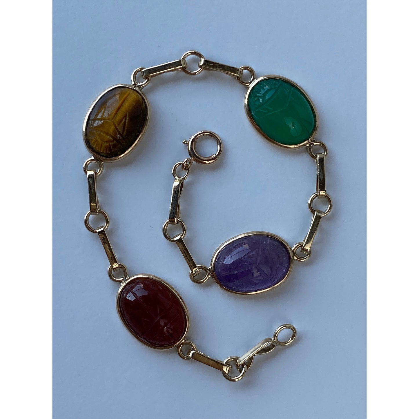 Solid 10k Yellow Gold Amethyst Chrysoprase Tigers Eye Carnelian Scarab Bracelet - 7.25 inches