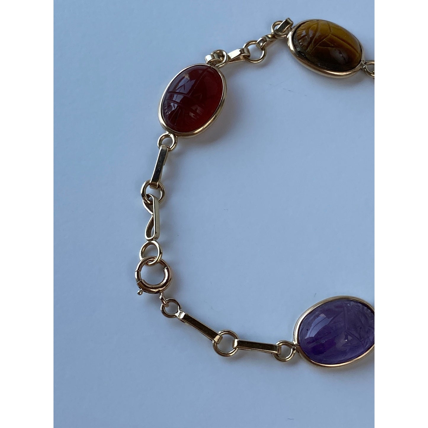 Solid 10k Yellow Gold Amethyst Chrysoprase Tigers Eye Carnelian Scarab Bracelet - 7.25 inches
