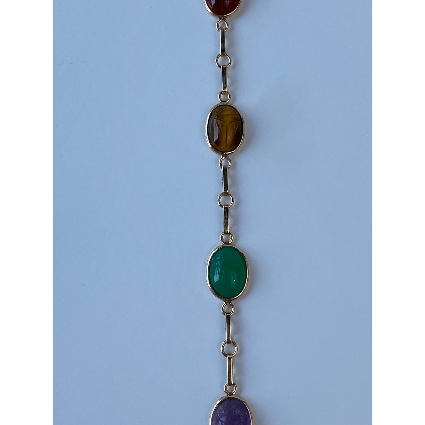 Solid 10k Yellow Gold Amethyst Chrysoprase Tigers Eye Carnelian Scarab Bracelet - 7.25 inches