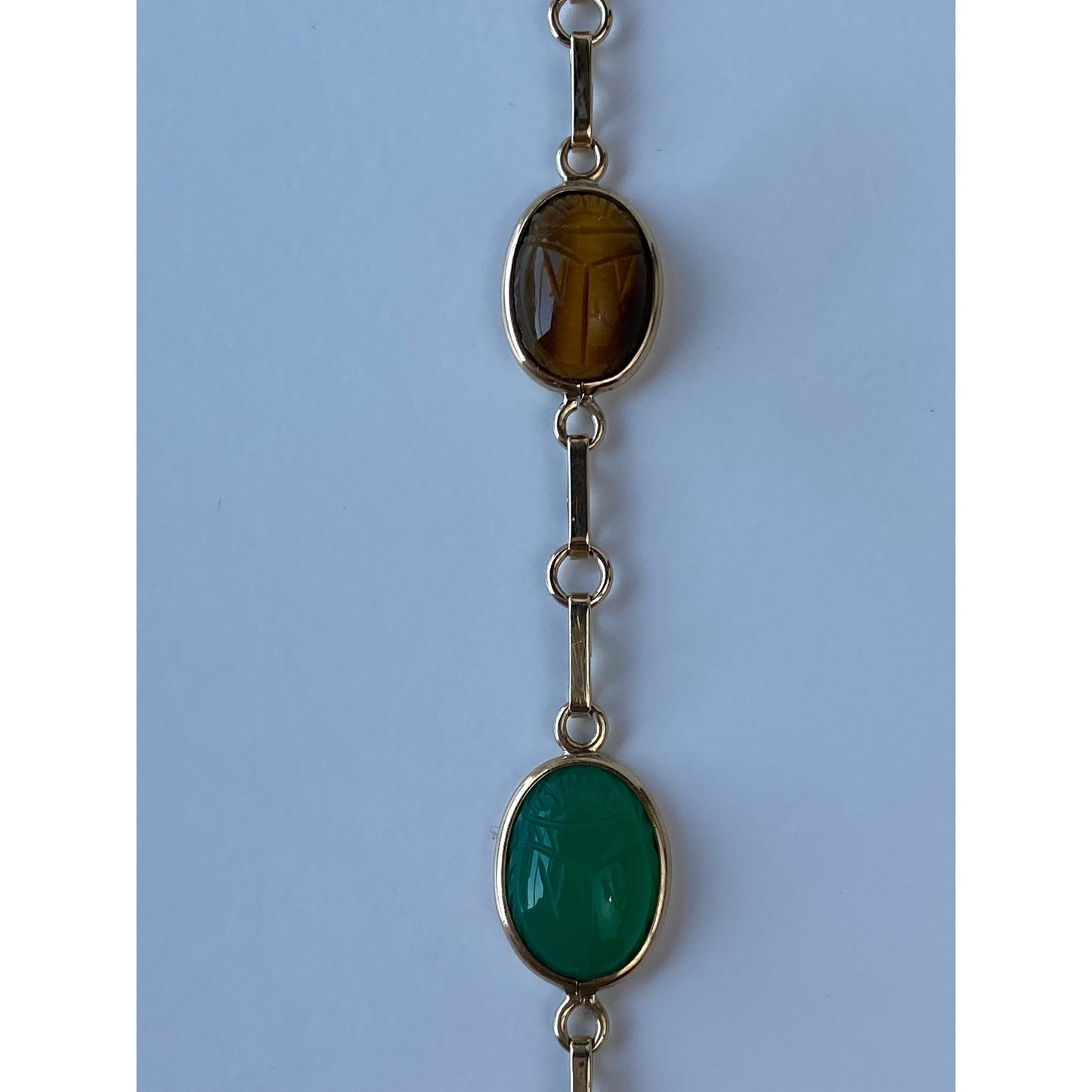 Solid 10k Yellow Gold Amethyst Chrysoprase Tigers Eye Carnelian Scarab Bracelet - 7.25 inches