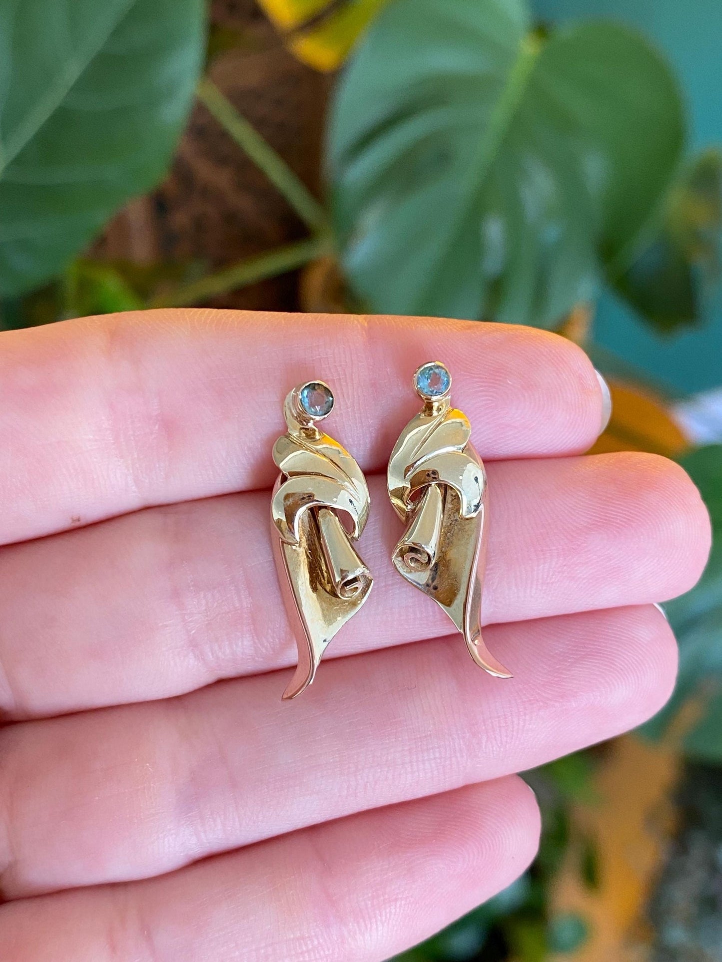 Vintage Solid 14k Yellow & Rose Gold Light Blue Cubic Zirconia Drop Earrings
