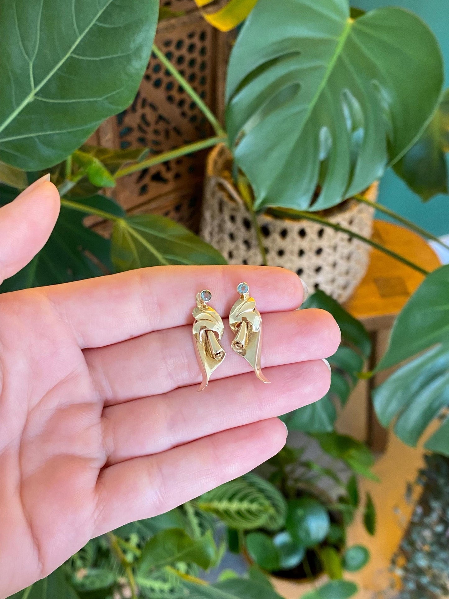 Vintage Solid 14k Yellow & Rose Gold Light Blue Cubic Zirconia Drop Earrings