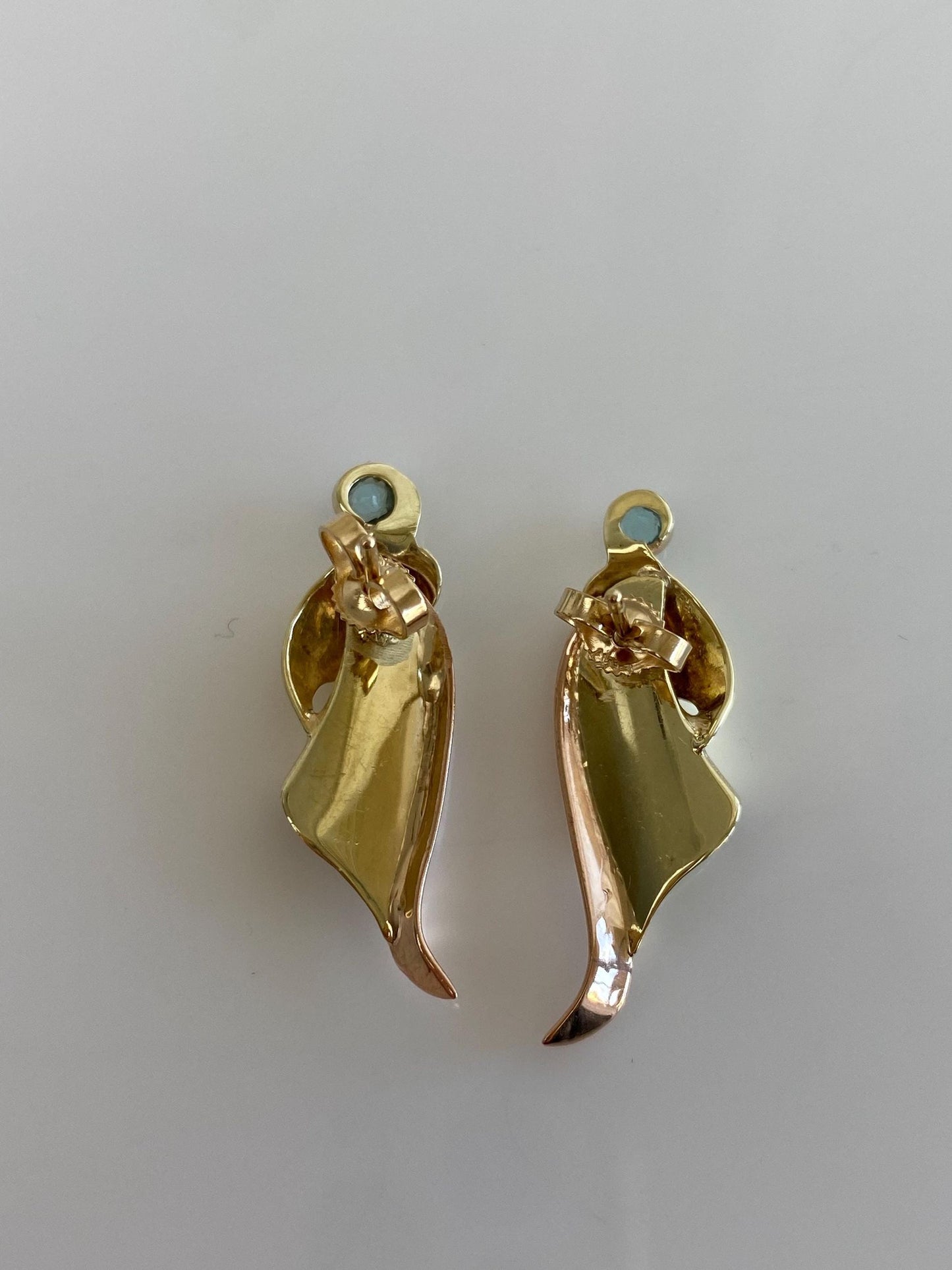 Vintage Solid 14k Yellow & Rose Gold Light Blue Cubic Zirconia Drop Earrings