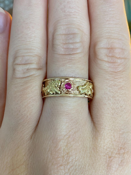 Vintage Solid 14k Rose & Yellow Gold Pink Sapphire Floral Design Ring Band - Size 8