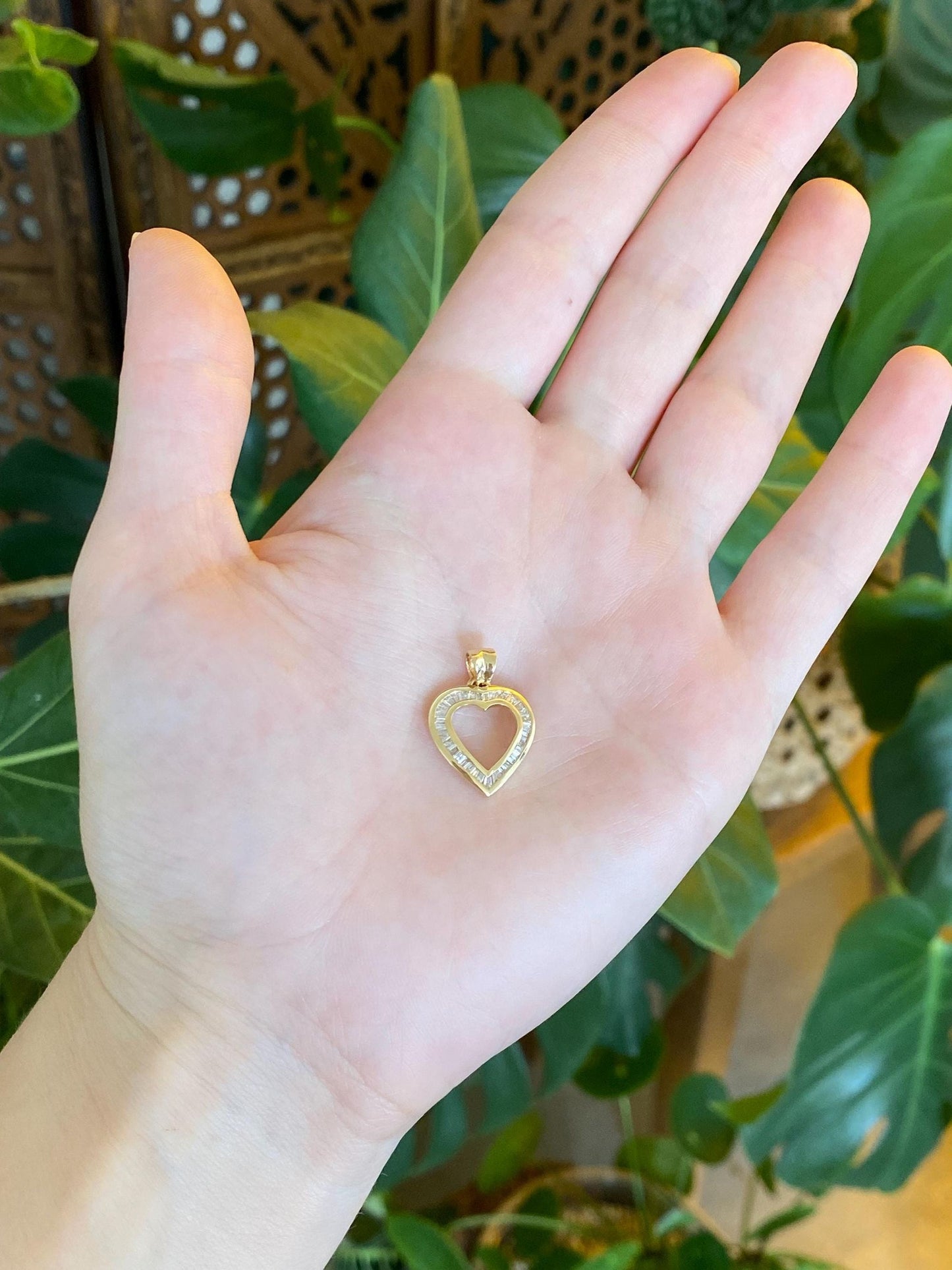 Vintage Solid 14k Yellow Gold Baguette Diamond Heart Charm