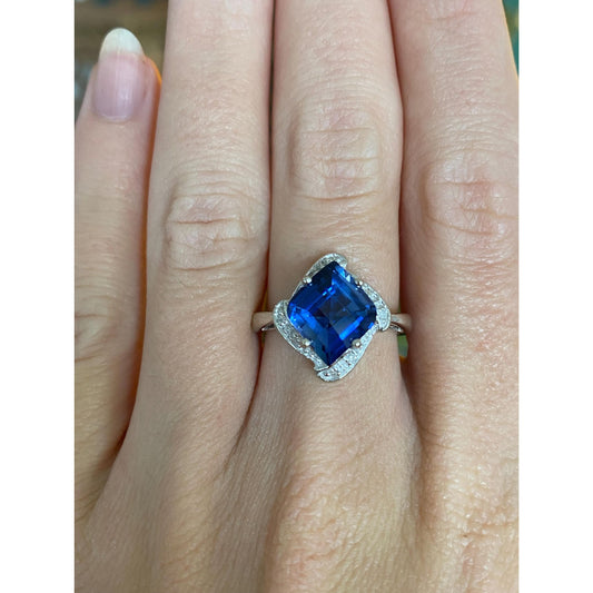 Vintage Solid 10k White Gold Diamond Blue Sapphire Ring - Size 5.5
