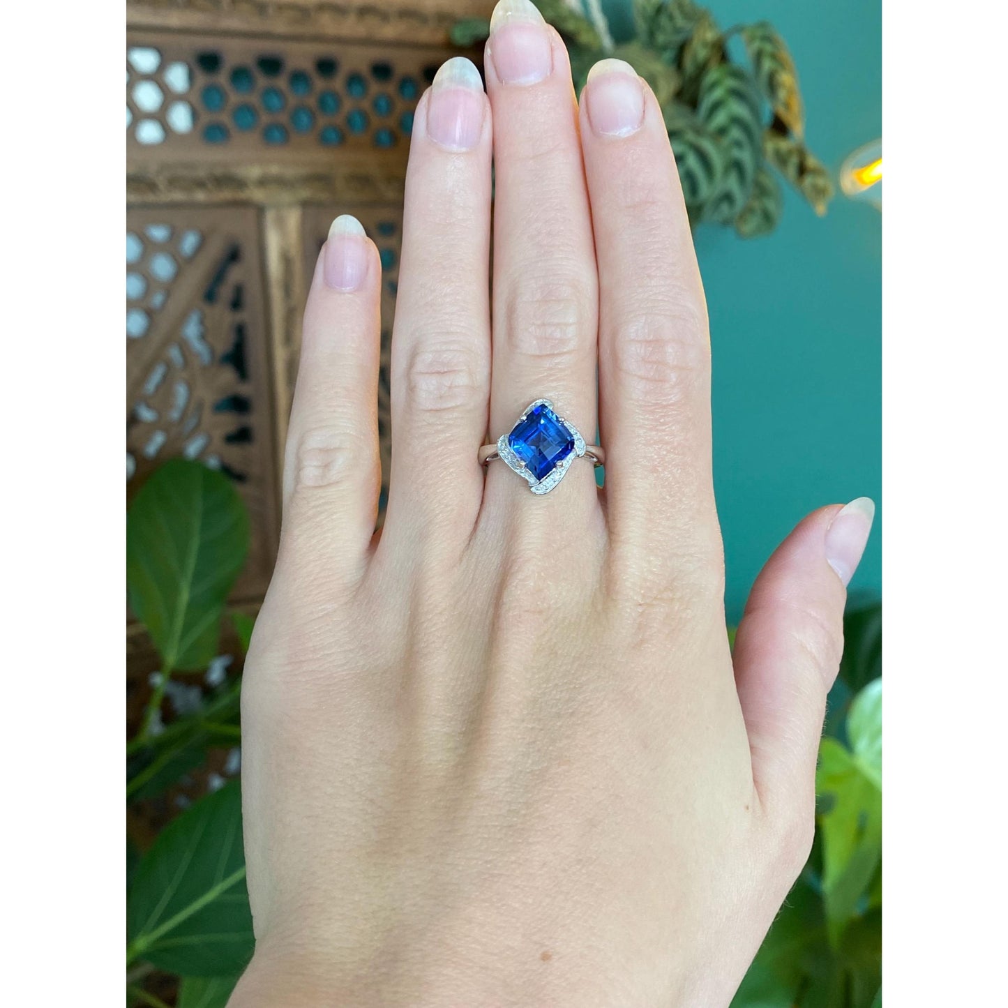 Vintage Solid 10k White Gold Diamond Blue Sapphire Ring - Size 5.5
