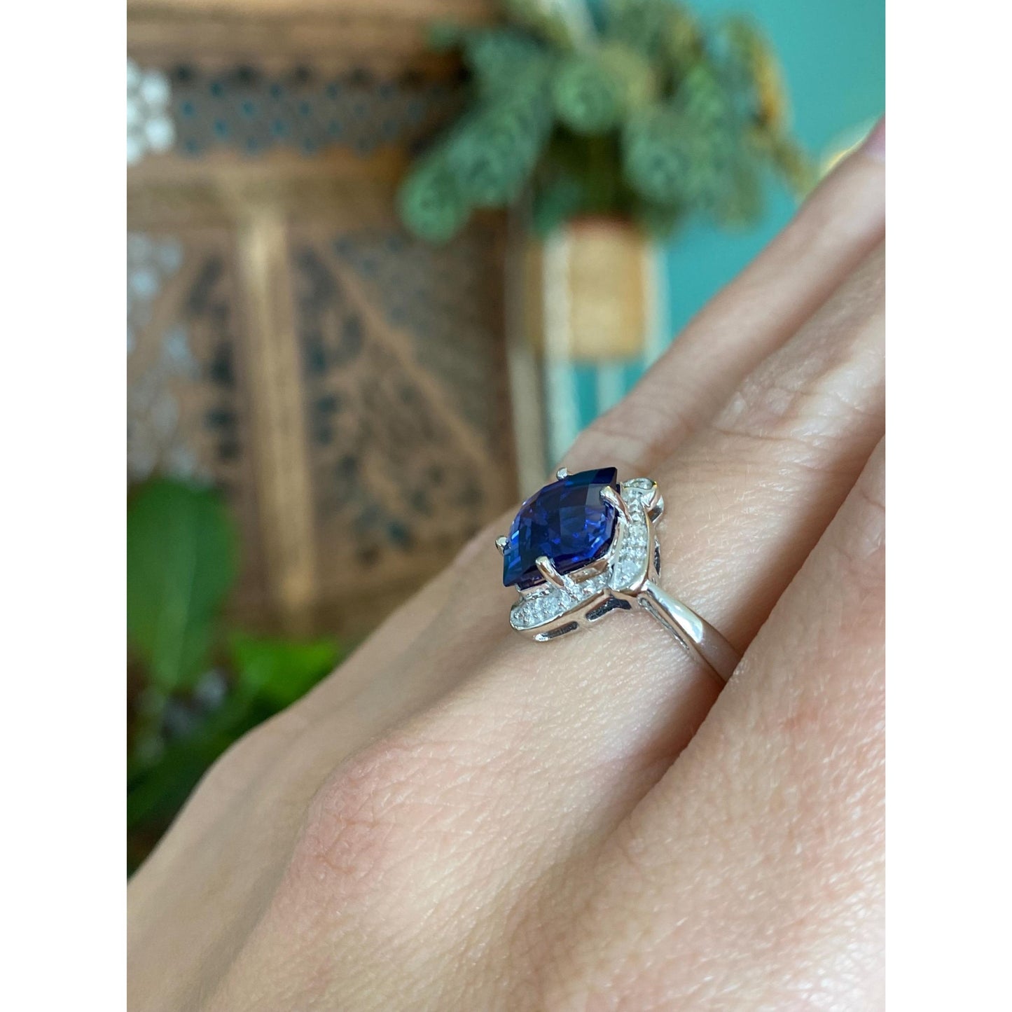 Vintage Solid 10k White Gold Diamond Blue Sapphire Ring - Size 5.5
