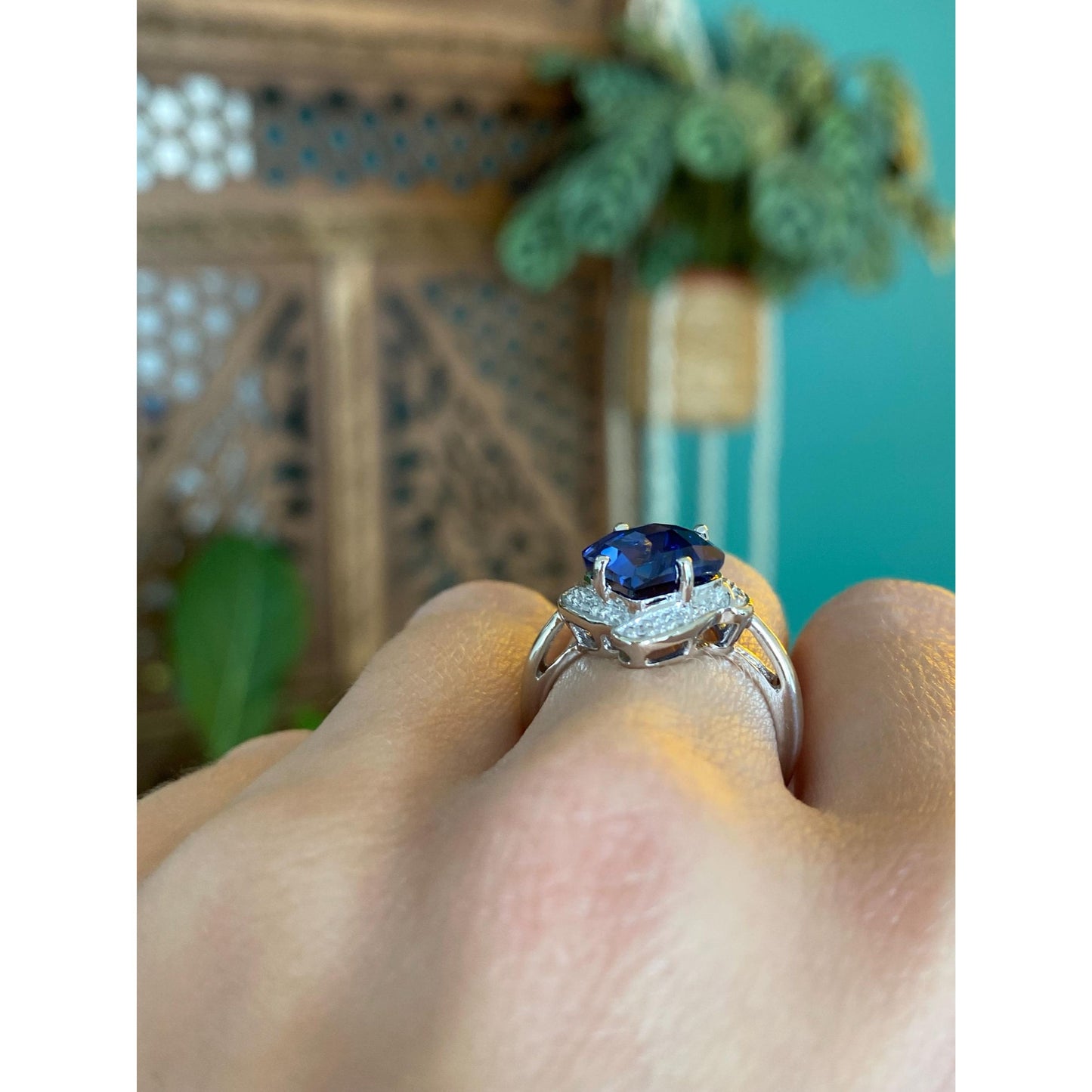 Vintage Solid 10k White Gold Diamond Blue Sapphire Ring - Size 5.5