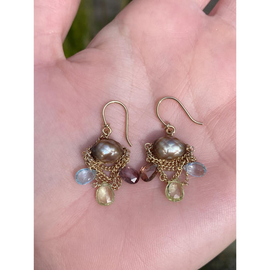 Vintage Solid 14k Yellow Gold Aquamarine Green Spinel Smoky Quartz Brown Pearl Chain Dangle Earrings
