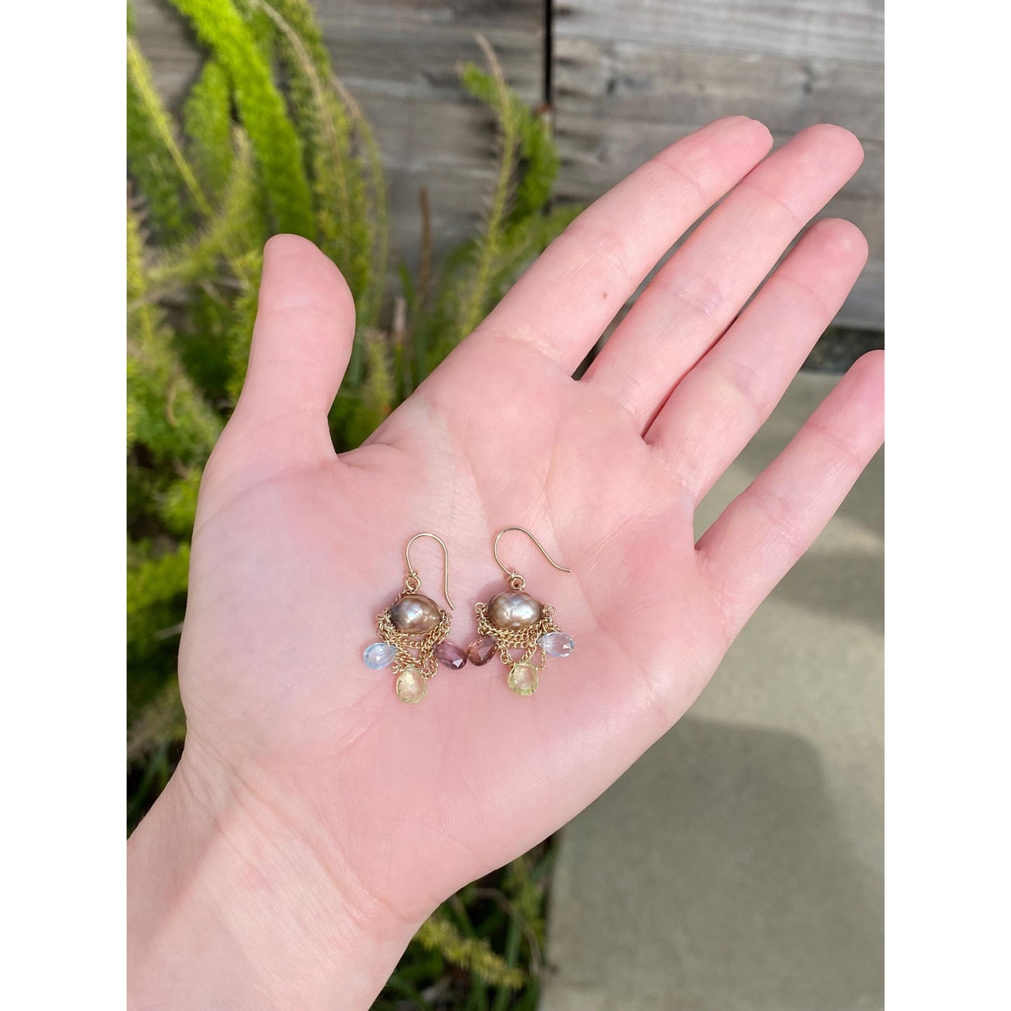 Vintage Solid 14k Yellow Gold Aquamarine Green Spinel Smoky Quartz Brown Pearl Chain Dangle Earrings