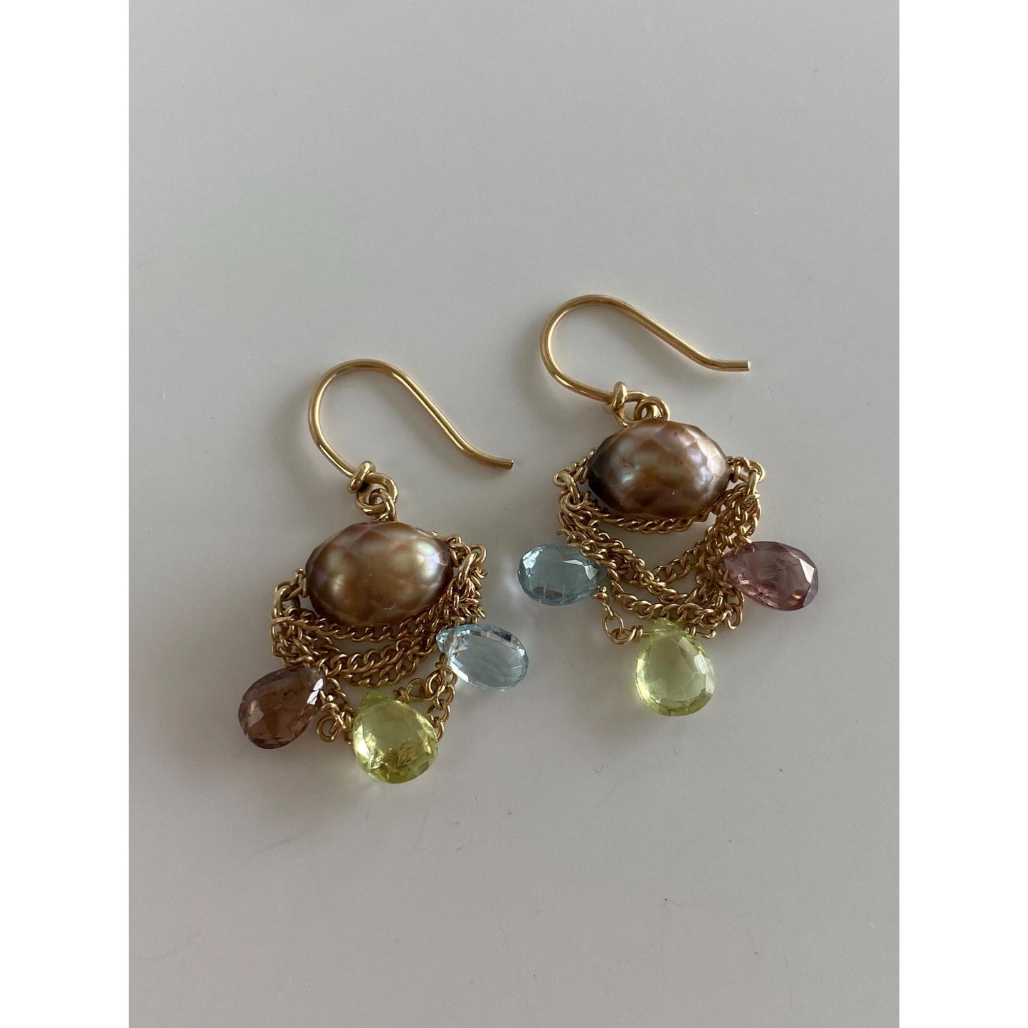Vintage Solid 14k Yellow Gold Aquamarine Green Spinel Smoky Quartz Brown Pearl Chain Dangle Earrings