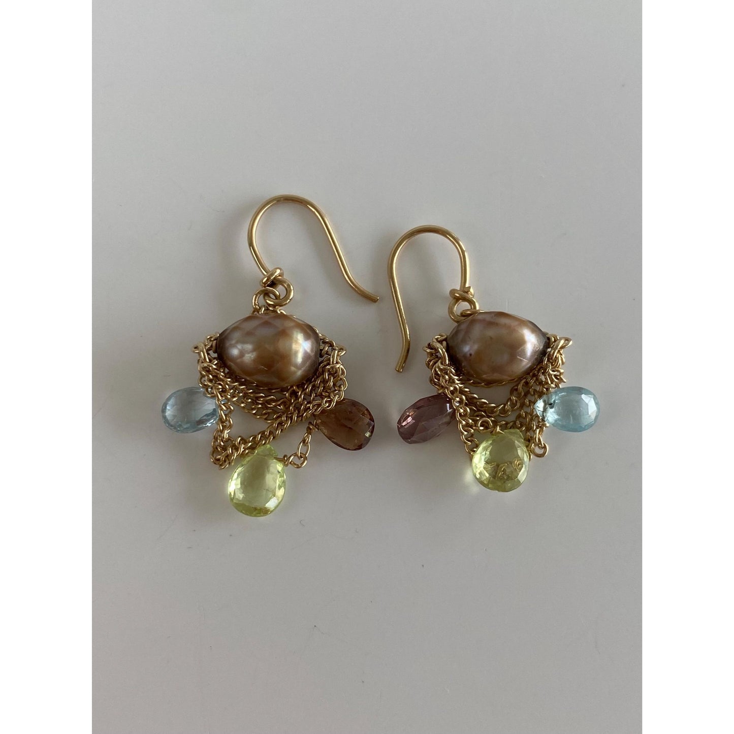 Vintage Solid 14k Yellow Gold Aquamarine Green Spinel Smoky Quartz Brown Pearl Chain Dangle Earrings
