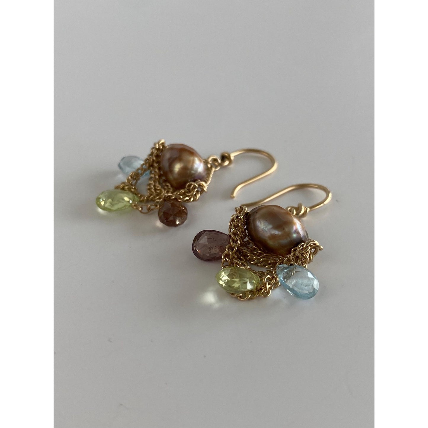 Vintage Solid 14k Yellow Gold Aquamarine Green Spinel Smoky Quartz Brown Pearl Chain Dangle Earrings