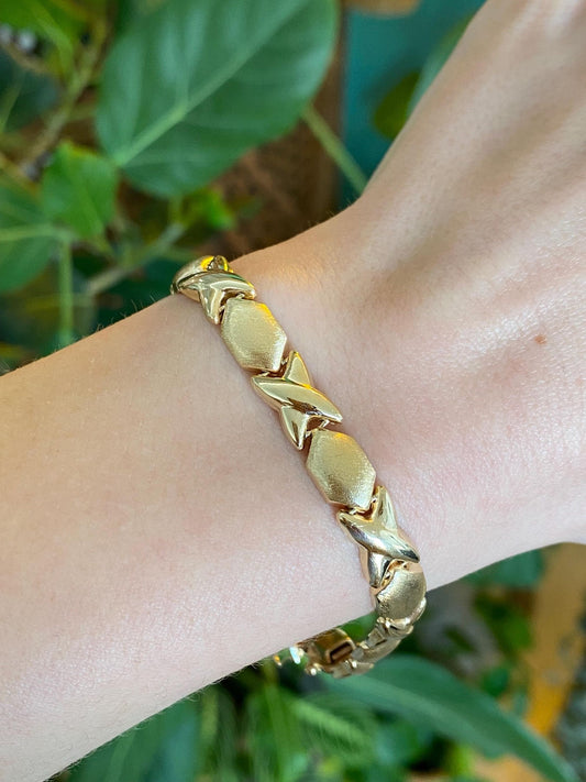 Vintage 14k Yellow Gold Satin & Shiny X Link Bracelet - 7.25 inches