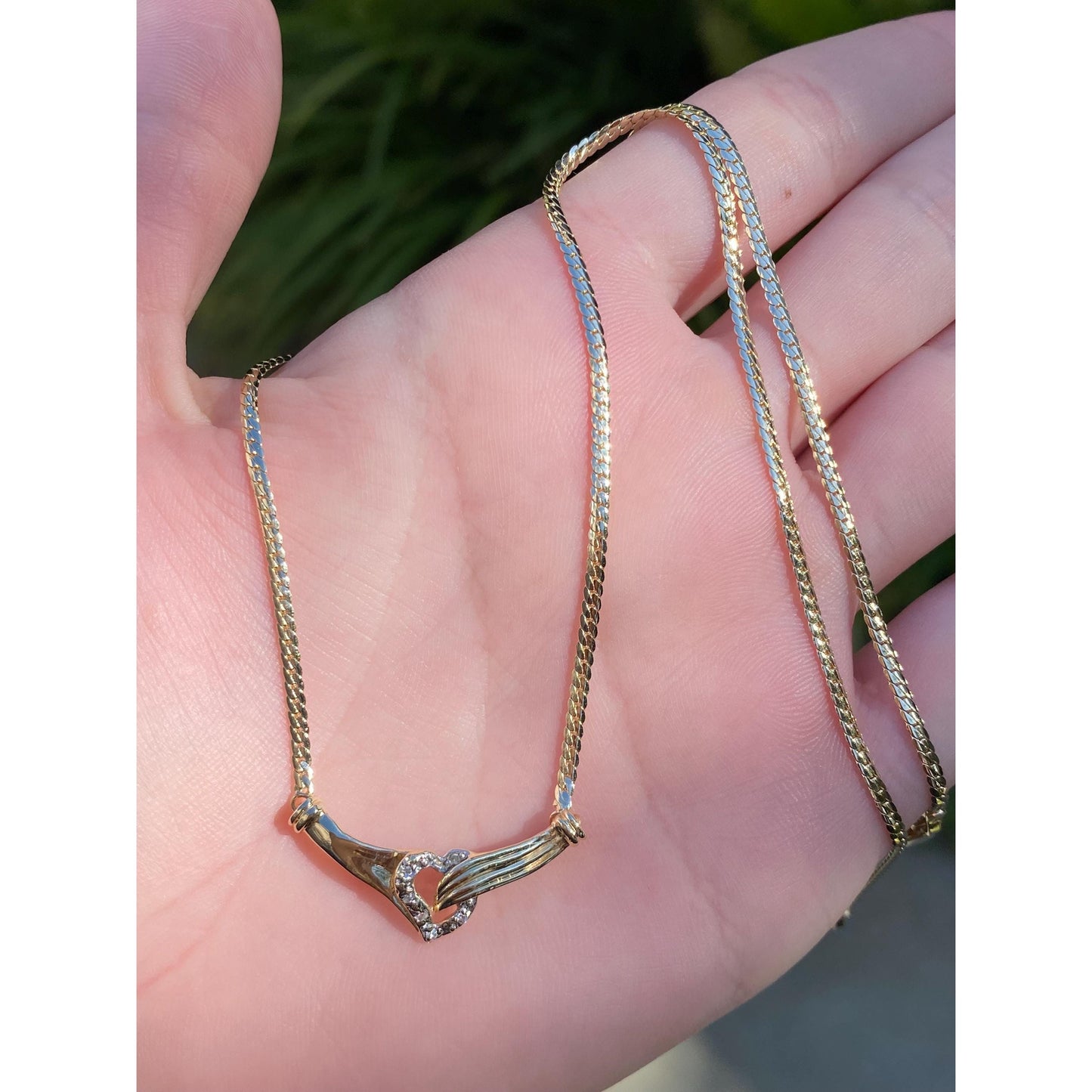 Vintage Solid 14k Yellow Gold Diamond Heart Hands Flat Chain Necklace - 16.75 inches