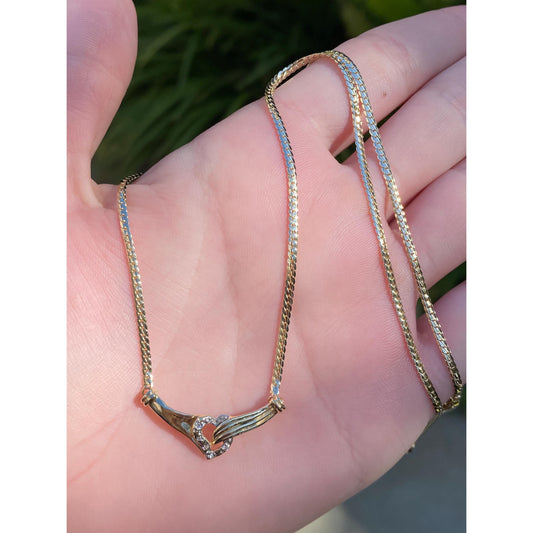 Vintage Solid 14k Yellow Gold Diamond Heart Hands Flat Chain Necklace - 16.75 inches