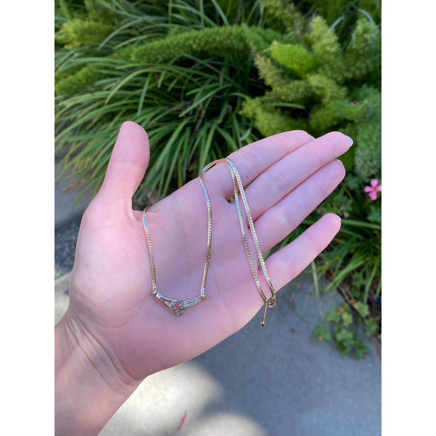 Vintage Solid 14k Yellow Gold Diamond Heart Hands Flat Chain Necklace - 16.75 inches