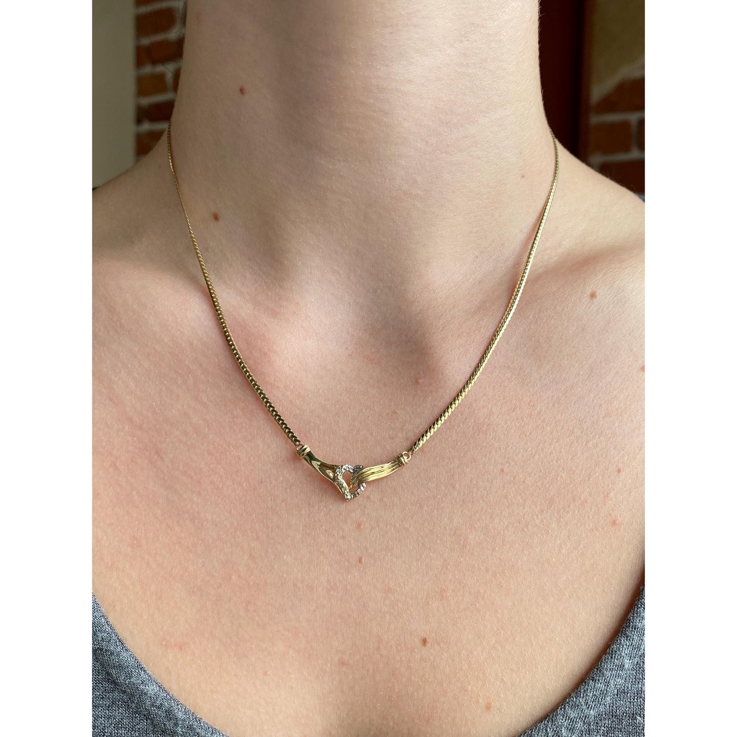 Vintage Solid 14k Yellow Gold Diamond Heart Hands Flat Chain Necklace - 16.75 inches