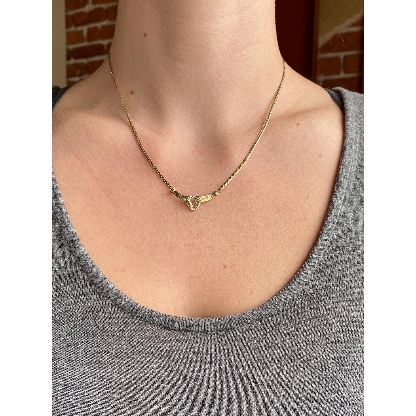 Vintage Solid 14k Yellow Gold Diamond Heart Hands Flat Chain Necklace - 16.75 inches