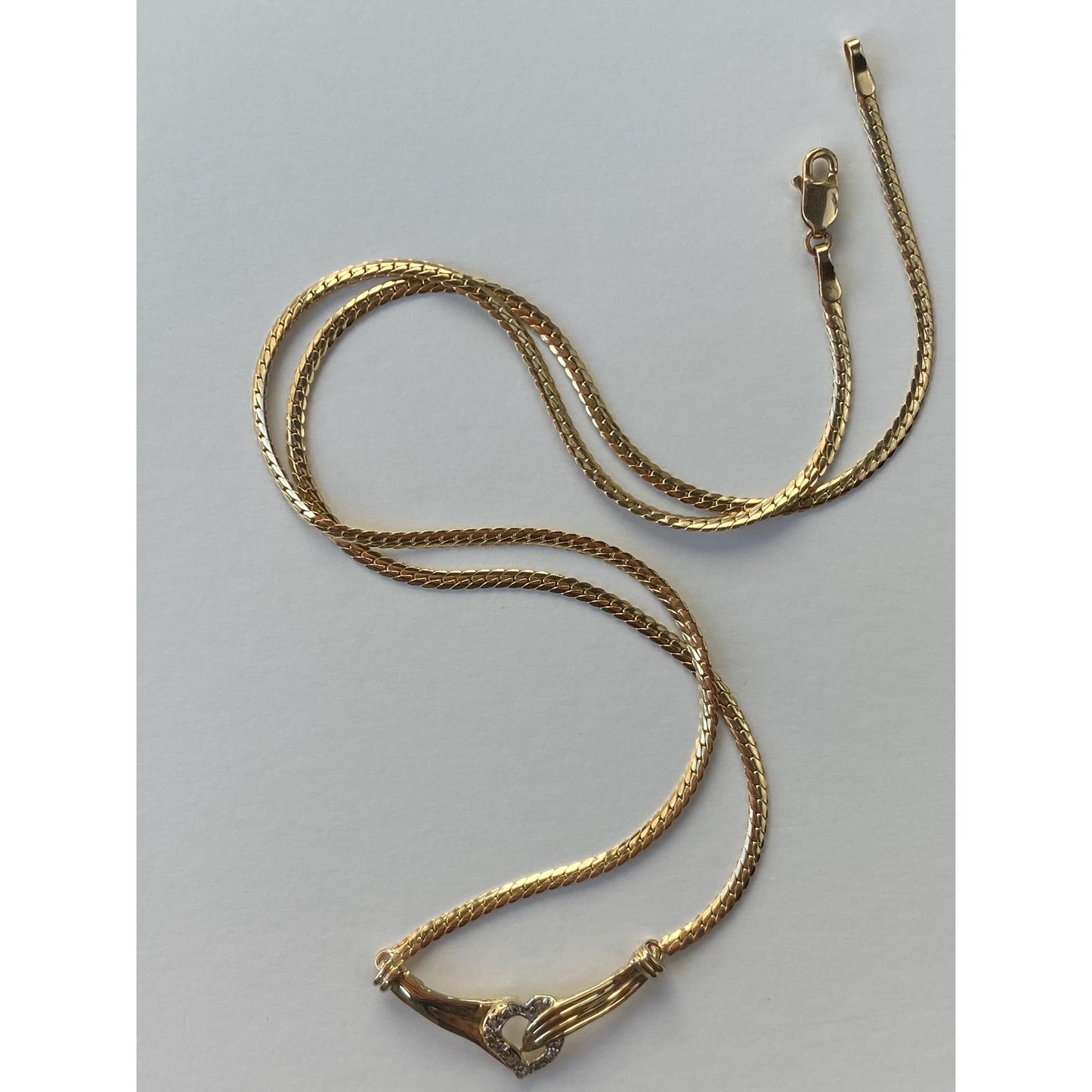 Vintage Solid 14k Yellow Gold Diamond Heart Hands Flat Chain Necklace - 16.75 inches