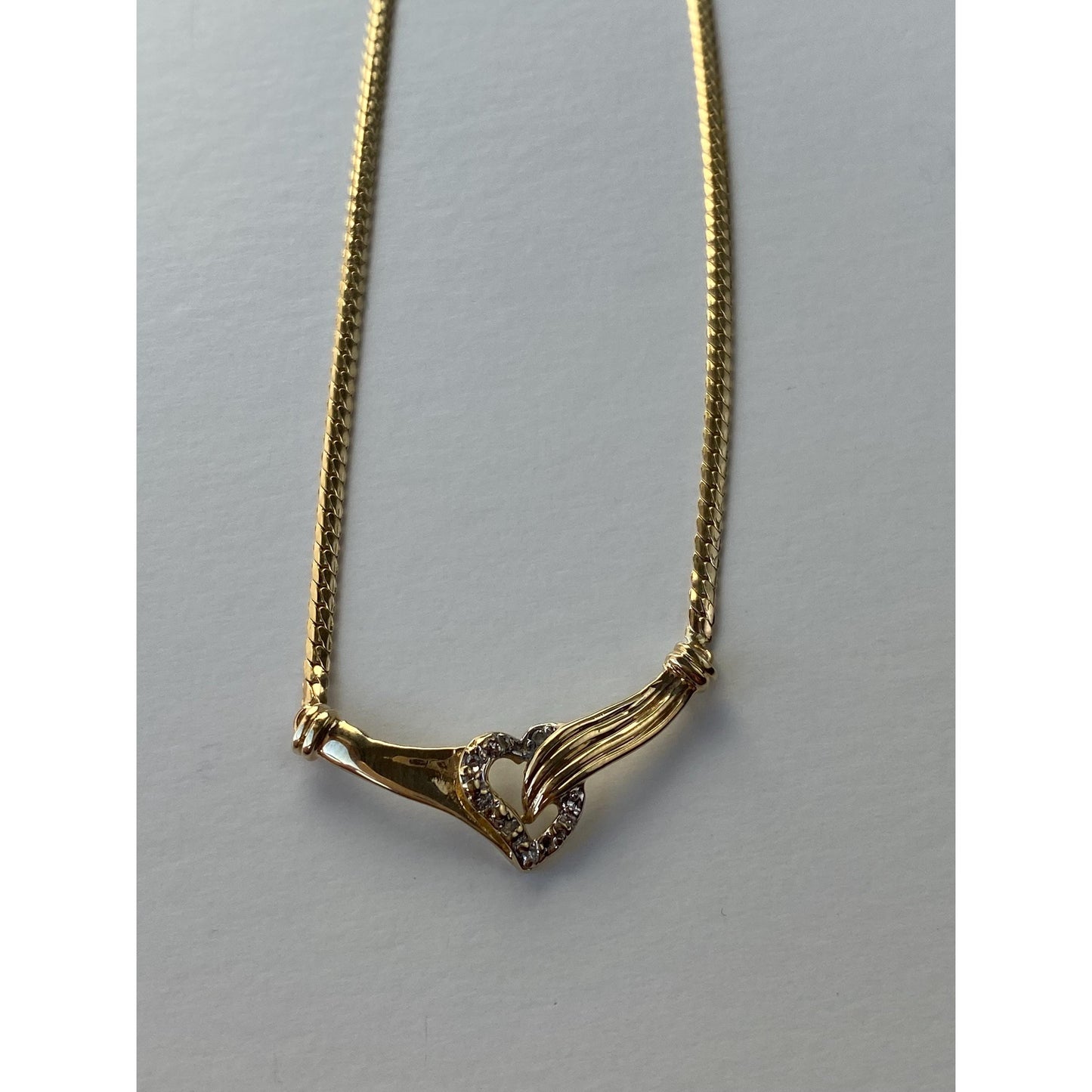 Vintage Solid 14k Yellow Gold Diamond Heart Hands Flat Chain Necklace - 16.75 inches
