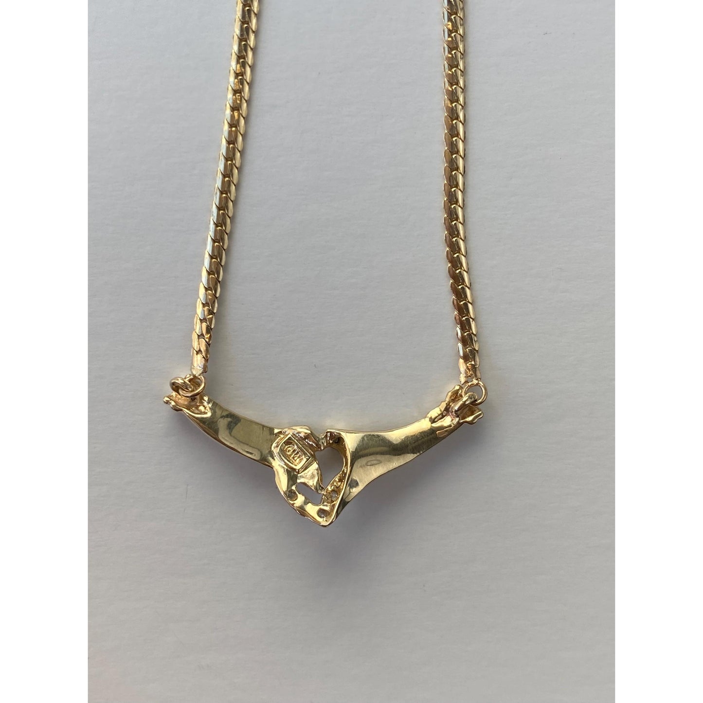 Vintage Solid 14k Yellow Gold Diamond Heart Hands Flat Chain Necklace - 16.75 inches